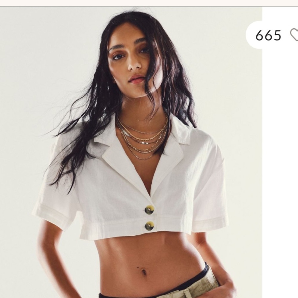Free People White Honeydrew Cropped Button-Down Shirt